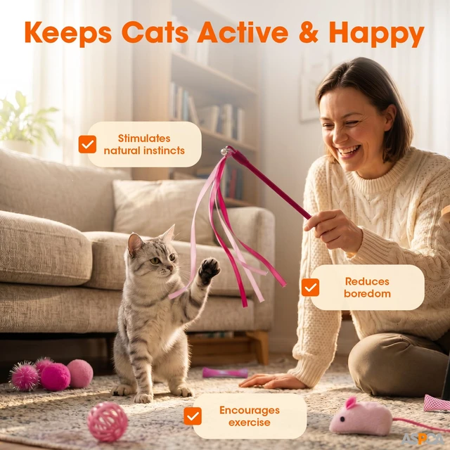 Alt view image 5 of 5 - 15-Piece Cat Toy Variety Pack Interactive Kitten & Cat Toys Set with Multiple Textures Indoor Play Toys for Exercise, Enrichment & Boredom Relief, Pink