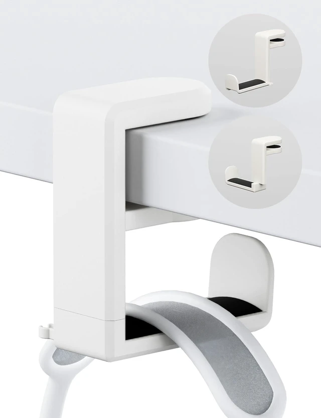 Main image of Headphone Hook Under Desk Holder 360-Degree Adjustable Rotation, White | Fits 0.47-1.57 in desks as headset stand hanger, easy spring clamp, soft rubber pads, built-in loop for cable organizer