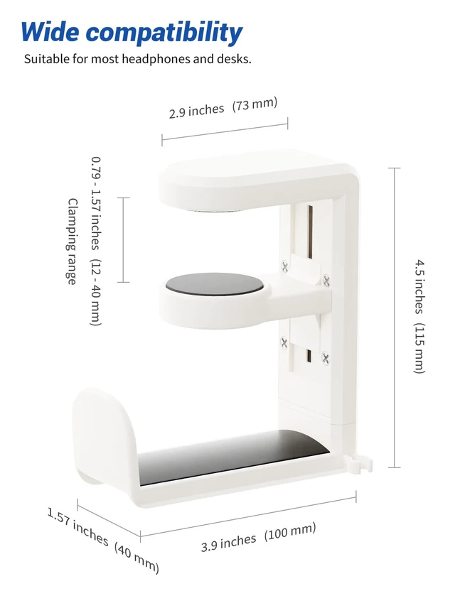 Alt view image 2 of 4 - Headphone Hook Under Desk Holder 360-Degree Adjustable Rotation, White | Fits 0.47-1.57 in desks as headset stand hanger, easy spring clamp, soft rubber pads, built-in loop for cable organizer