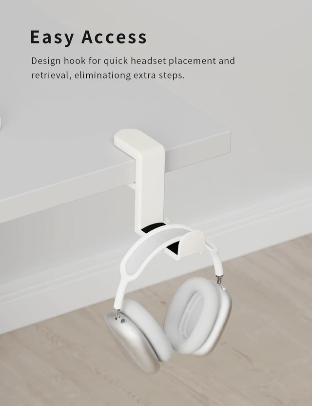 Alt view image 4 of 4 - Headphone Hook Under Desk Holder 360-Degree Adjustable Rotation, White | Fits 0.47-1.57 in desks as headset stand hanger, easy spring clamp, soft rubber pads, built-in loop for cable organizer