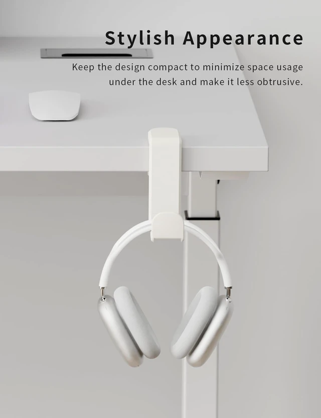 Alt view image 3 of 4 - Headphone Hook Under Desk Holder 360-Degree Adjustable Rotation, White | Fits 0.47-1.57 in desks as headset stand hanger, easy spring clamp, soft rubber pads, built-in loop for cable organizer