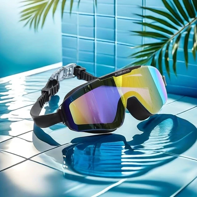 Alt view image 2 of 5 - Electroplated Large Frame Swim Goggles for Adults - Anti-Fog UV400, HD Wide Angle, Silicone Leak-Proof, Non-Slip Strap, Triathlon Training, Competitive Swimming G2525-Black Electroplated Blue Suit