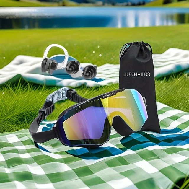 Alt view image 3 of 5 - Electroplated Large Frame Swim Goggles for Adults - Anti-Fog UV400, HD Wide Angle, Silicone Leak-Proof, Non-Slip Strap, Triathlon Training, Competitive Swimming G2525-Black Electroplated Blue Suit