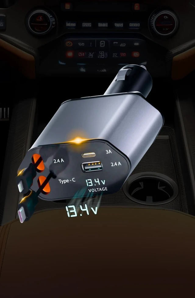 Main image of Retractable Fast Car Charger 100W for CarPlay, 4-in-1 Car Charger Adapter with 31.5" Built-in Cables & Dual USB Ports, Compatible with iPhone 11, 12,13,14,15,16,17 & Samsung Devices, Tablets and More