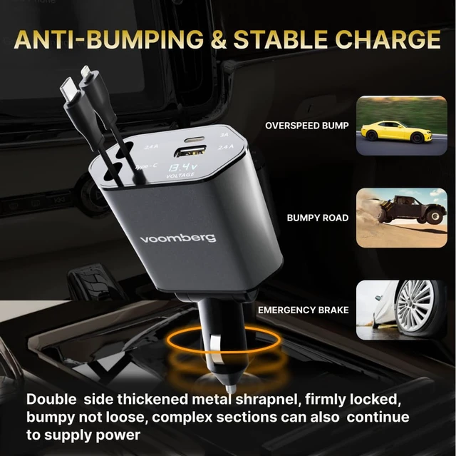 Alt view image 4 of 7 - Retractable Fast Car Charger 100W for CarPlay, 4-in-1 Car Charger Adapter with 31.5" Built-in Cables & Dual USB Ports, Compatible with iPhone 11, 12,13,14,15,16,17 & Samsung Devices, Tablets and More