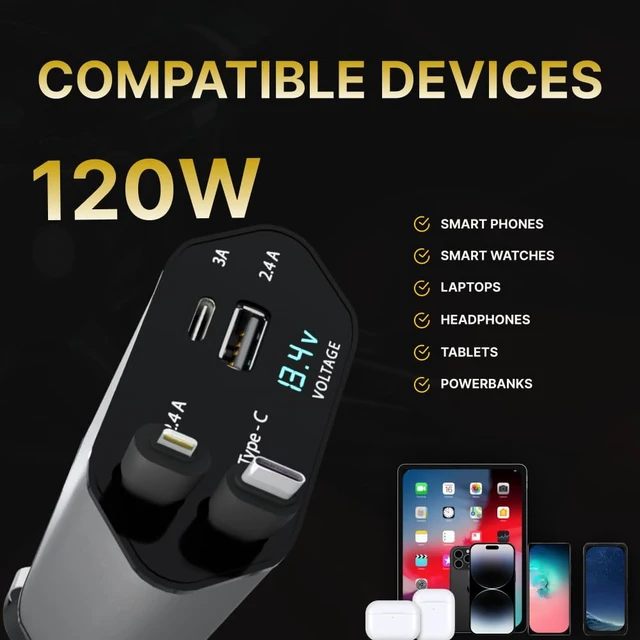 Alt view image 5 of 7 - Retractable Fast Car Charger 100W for CarPlay, 4-in-1 Car Charger Adapter with 31.5" Built-in Cables & Dual USB Ports, Compatible with iPhone 11, 12,13,14,15,16,17 & Samsung Devices, Tablets and More
