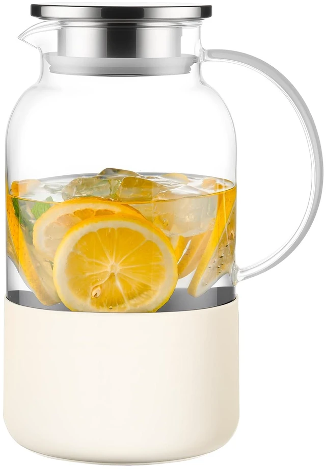 Main image of Glass Pitcher with Lid, 61 oz Glass Water Pitcher, Off-White Base | Glass carafe with lid; silicone base for hot or cold coffee, lemonade and milk, serves as a juice pitcher or water jug