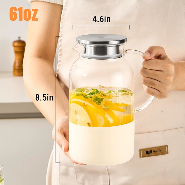 Alt view image 2 of 7 - Glass Pitcher with Lid, 61 oz Glass Water Pitcher, Off-White Base | Glass carafe with lid; silicone base for hot or cold coffee, lemonade and milk, serves as a juice pitcher or water jug