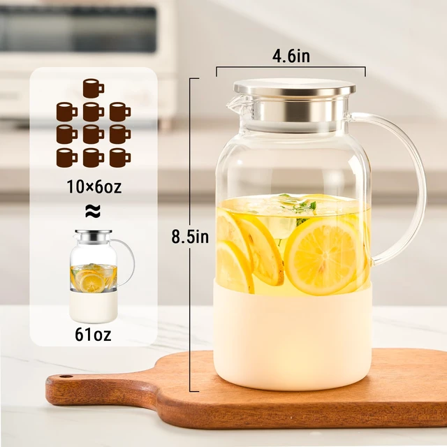 Alt view image 3 of 7 - Glass Pitcher with Lid, 61 oz Glass Water Pitcher, Off-White Base | Glass carafe with lid; silicone base for hot or cold coffee, lemonade and milk, serves as a juice pitcher or water jug