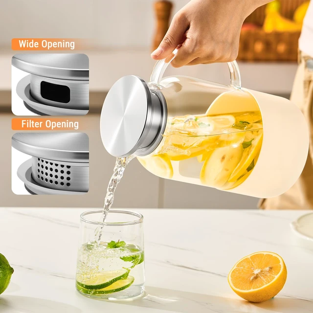 Alt view image 4 of 7 - Glass Pitcher with Lid, 61 oz Glass Water Pitcher, Off-White Base | Glass carafe with lid; silicone base for hot or cold coffee, lemonade and milk, serves as a juice pitcher or water jug