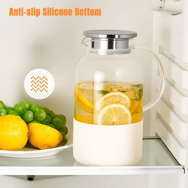 Alt view image 7 of 7 - Glass Pitcher with Lid, 61 oz Glass Water Pitcher, Off-White Base | Glass carafe with lid; silicone base for hot or cold coffee, lemonade and milk, serves as a juice pitcher or water jug