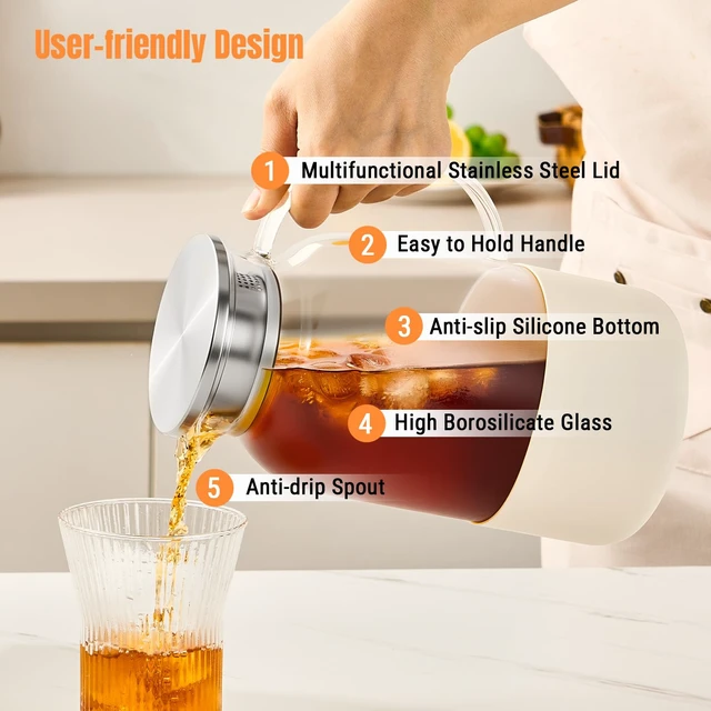 Alt view image 5 of 7 - Glass Pitcher with Lid, 61 oz Glass Water Pitcher, Off-White Base | Glass carafe with lid; silicone base for hot or cold coffee, lemonade and milk, serves as a juice pitcher or water jug