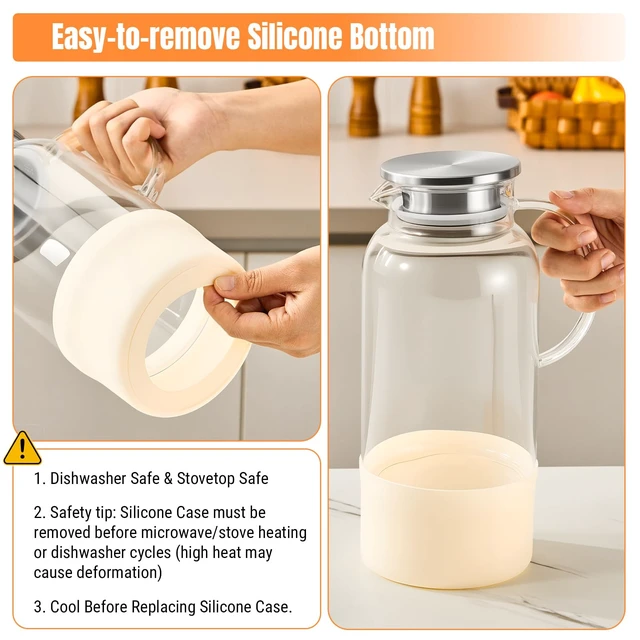 Alt view image 6 of 7 - Glass Pitcher with Lid, 61 oz Glass Water Pitcher, Off-White Base | Glass carafe with lid; silicone base for hot or cold coffee, lemonade and milk, serves as a juice pitcher or water jug