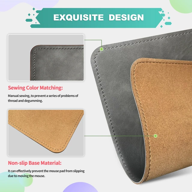 Alt view image 3 of 7 - Leather Mouse Pad with Stitched Edge Micro-Fiber Base with Non-Slip WaterproofMouse Pad for ComputersLaptop, 8x11Inch (Gray)