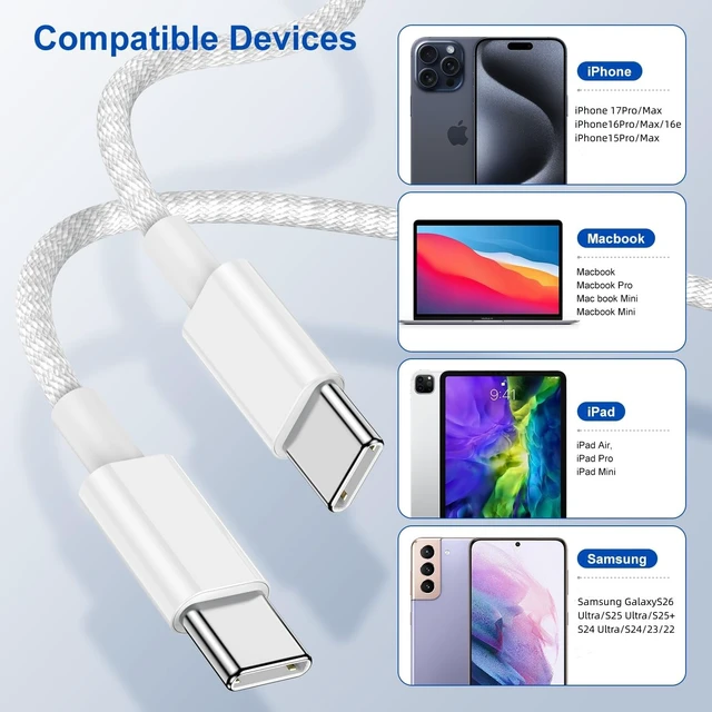 Alt view image 5 of 7 - 2Pack Type C to Type C Fast Charging Cord 6ft for Apple iPhone 17/16/15 | USB-C to USB-C 6ft Nylon Braided Charger Cable for iPhone17/16/MacBook/iPad Air/Mini/Pro/Samsung Galaxy S26/S25/S24/S23 Ultra