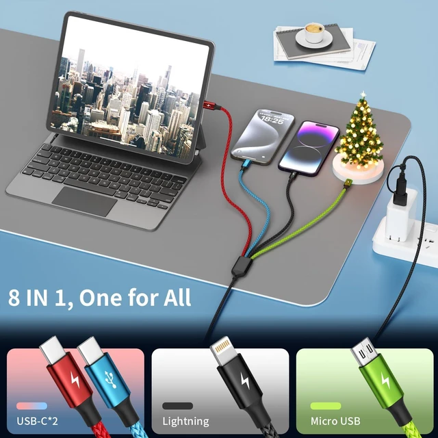 Alt view image 3 of 7 - 4 in 2 Multi Charging Cable, 2 Pack 5FT Dual Input Charging Cords | USB A & USB C Inputs with Dual USB C, IP & Micro Outputs, Travel Essentials, Phone Charger for Multiple Devices