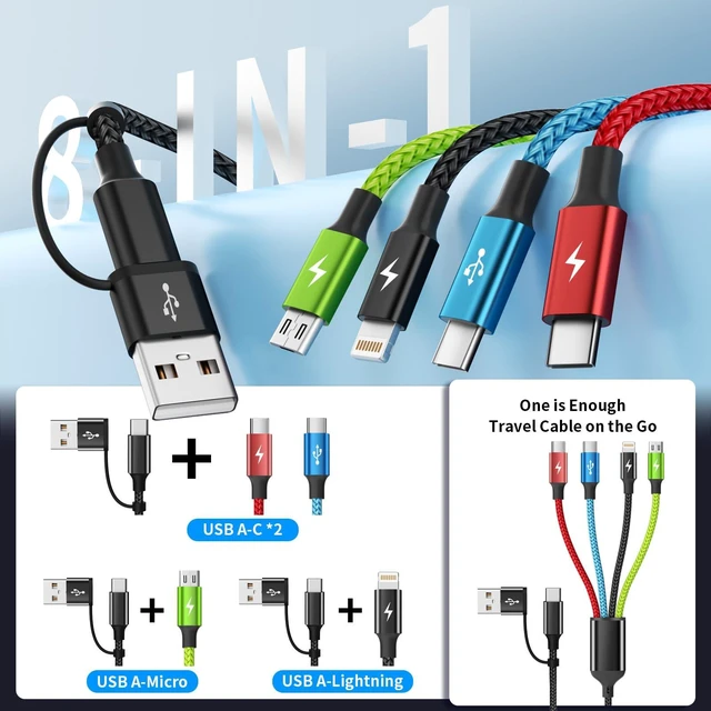 Alt view image 4 of 7 - 4 in 2 Multi Charging Cable, 2 Pack 5FT Dual Input Charging Cords | USB A & USB C Inputs with Dual USB C, IP & Micro Outputs, Travel Essentials, Phone Charger for Multiple Devices