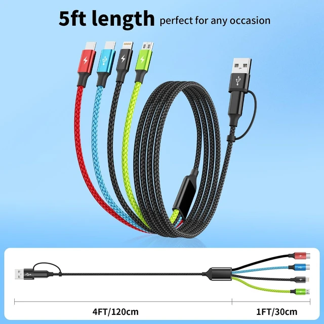 Alt view image 7 of 7 - 4 in 2 Multi Charging Cable, 2 Pack 5FT Dual Input Charging Cords | USB A & USB C Inputs with Dual USB C, IP & Micro Outputs, Travel Essentials, Phone Charger for Multiple Devices