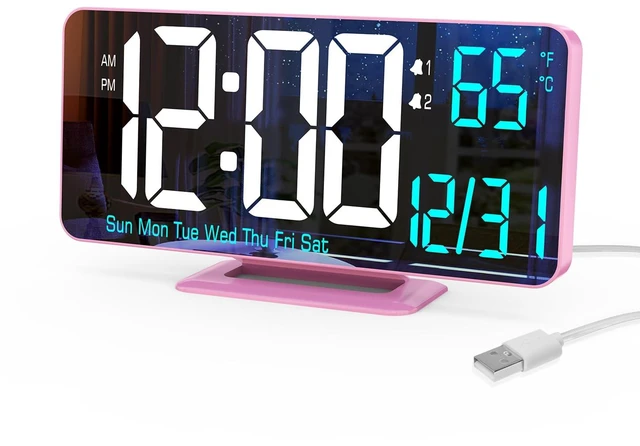 Main image of Pink Digital Clock for Bedroom 6.7in Dual Alarm Clock with Dimming, 12/24h, Seconds, Date, Day of Week, Temp, Desk Clock, LED Clock for Table Decor, Digital Calendar Table Clocks for Bedrooms