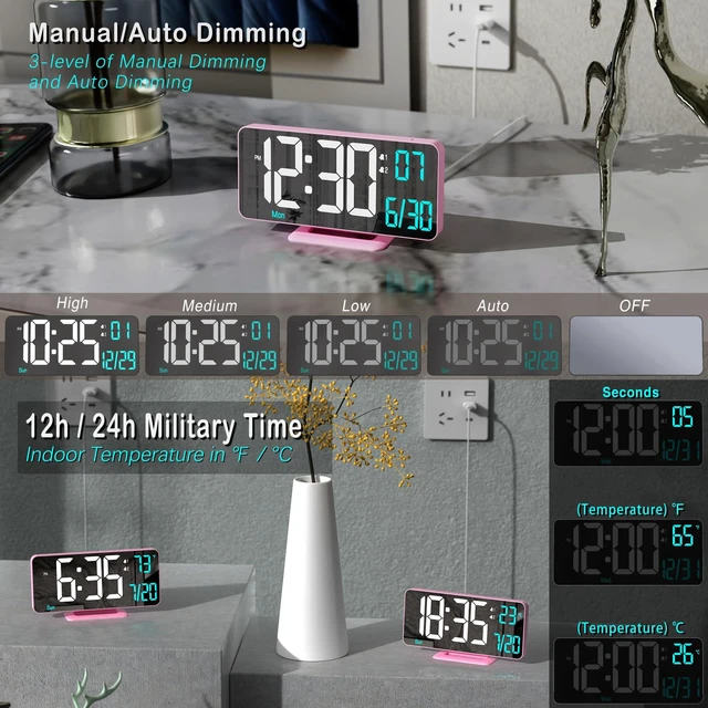 Alt view image 3 of 6 - Pink Digital Clock for Bedroom 6.7in Dual Alarm Clock with Dimming, 12/24h, Seconds, Date, Day of Week, Temp, Desk Clock, LED Clock for Table Decor, Digital Calendar Table Clocks for Bedrooms