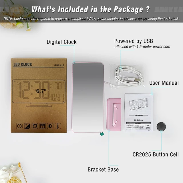 Alt view image 4 of 6 - Pink Digital Clock for Bedroom 6.7in Dual Alarm Clock with Dimming, 12/24h, Seconds, Date, Day of Week, Temp, Desk Clock, LED Clock for Table Decor, Digital Calendar Table Clocks for Bedrooms