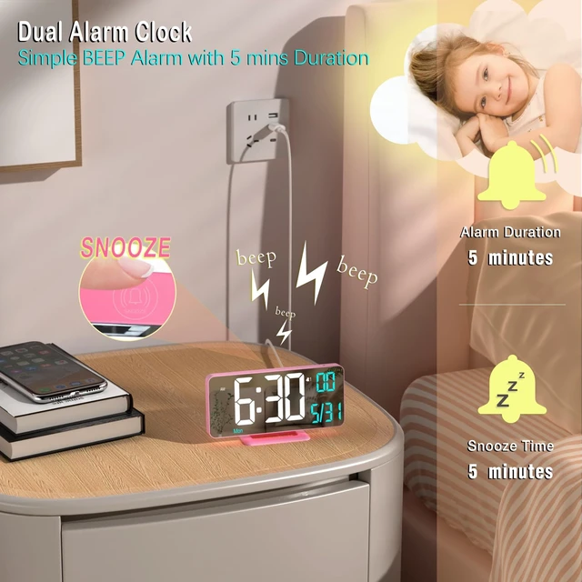 Alt view image 5 of 6 - Pink Digital Clock for Bedroom 6.7in Dual Alarm Clock with Dimming, 12/24h, Seconds, Date, Day of Week, Temp, Desk Clock, LED Clock for Table Decor, Digital Calendar Table Clocks for Bedrooms