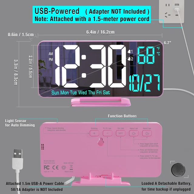 Alt view image 6 of 6 - Pink Digital Clock for Bedroom 6.7in Dual Alarm Clock with Dimming, 12/24h, Seconds, Date, Day of Week, Temp, Desk Clock, LED Clock for Table Decor, Digital Calendar Table Clocks for Bedrooms