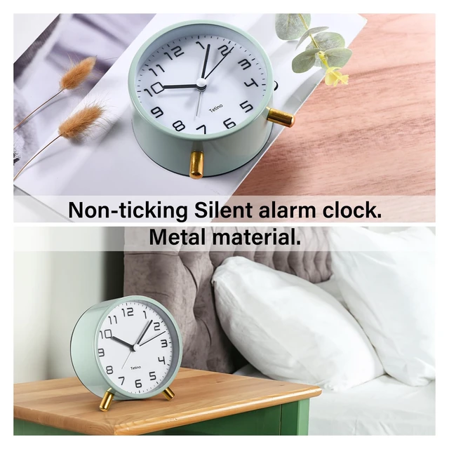 Alt view image 5 of 7 - Analog Alarm Clocks,Retro Metal Desk Silent Non Ticking Small Clock with Night Light,Battery Operated,Simple Design,for Bedrooms, Bedside,Office,Home Décor (Green)