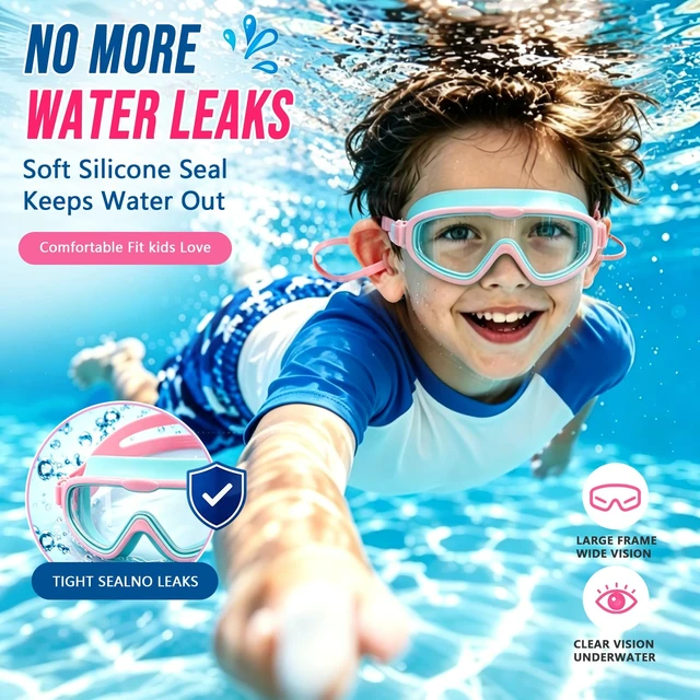 Alt view image 5 of 6 - Kids Swim Goggles, Anti-Fog Swimming Goggles for Kids 3-16, 2-Pack | 180° Wide View, Built-in No-Lost Connected Earplugs, No Leak, UV Protection for Toddler Children Youth Pool Water Beach