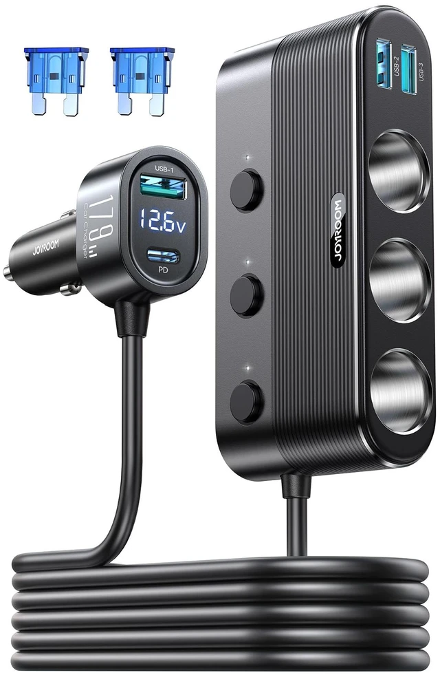 Main image of 179W 7 in 1 Cigarette Lighter Splitter, PD30W Fast Charging Adapter for Car | Type-C, 39.6IN Extension Cable, 12V/24V Cigarette Lighter Adapter, 3 USB Ports, Independent Switches, Voltage Display