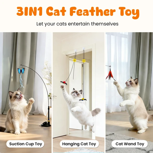 Alt view image 3 of 7 - 3-in-1 Cat Wand Toys,12Pcs Interactive Cat Feather Toys for Indoor Self Play & Exercise,2 Reusable Strong Suction Cups,2 Hanging Spider Toys for Kitten