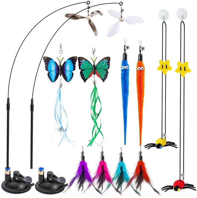 Main image of 3-in-1 Cat Wand Toys,12Pcs Interactive Cat Feather Toys for Indoor Self Play & Exercise,2 Reusable Strong Suction Cups,2 Hanging Spider Toys for Kitten