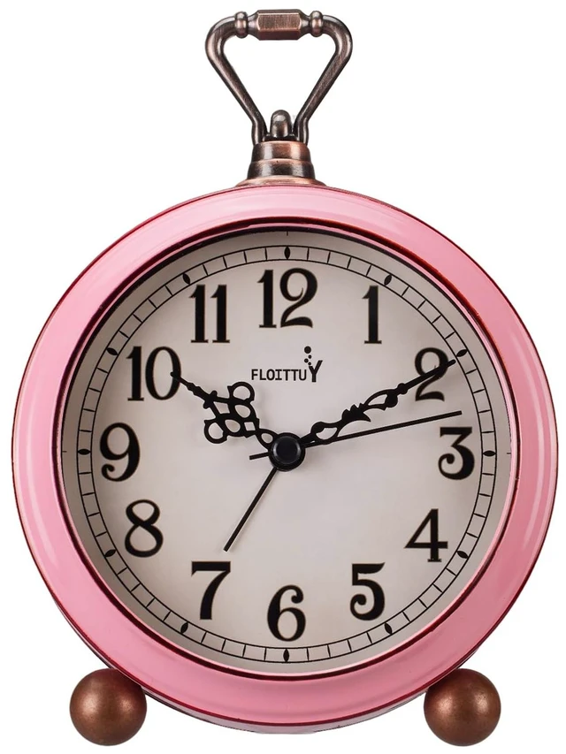 Main image of 4.5" Battery Operated Antique Retro Analog Metal Alarm Clock, Silent Bedside Desk Clock, Wall-Hanging Vintage Clock(Vintage Pink)