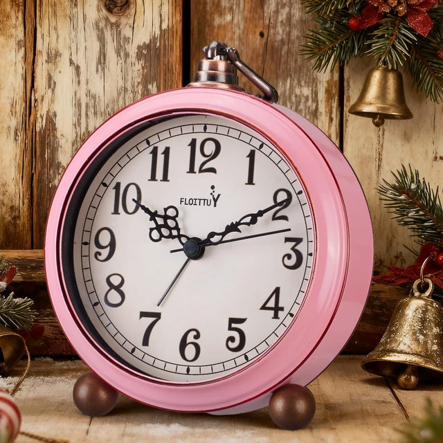 Alt view image 4 of 4 - 4.5" Battery Operated Antique Retro Analog Metal Alarm Clock, Silent Bedside Desk Clock, Wall-Hanging Vintage Clock(Vintage Pink)