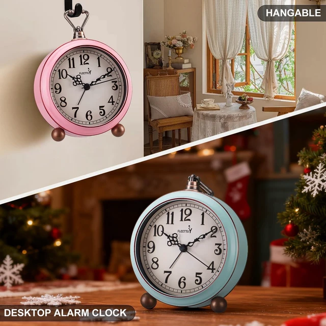 Alt view image 2 of 4 - 4.5" Battery Operated Antique Retro Analog Metal Alarm Clock, Silent Bedside Desk Clock, Wall-Hanging Vintage Clock(Vintage Pink)