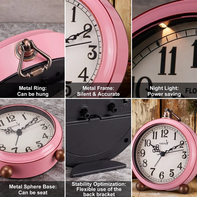 Alt view image 3 of 4 - 4.5" Battery Operated Antique Retro Analog Metal Alarm Clock, Silent Bedside Desk Clock, Wall-Hanging Vintage Clock(Vintage Pink)