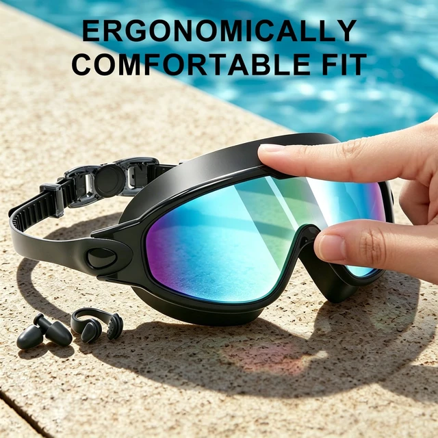 Alt view image 4 of 7 - Swim Goggles 2 Pack, Wide View Anti Fog&UV Swimming Goggles for Audlt, No Leaking Swim Glasses for Men Women(Blue+Silver)