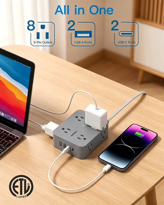 Alt view image 2 of 7 - 6Ft Surge Protector Power Strip USB C, 1080J, 8 Outlet Extender | Extension Cord with Multiple Outlets, 4 USB Ports(2 USB C), Flat Plug, Wall Mount, Home Dorm Room Essentials, ETL Listed