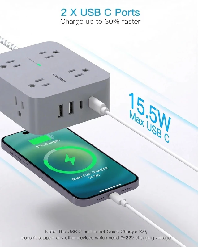 Alt view image 4 of 7 - 6Ft Surge Protector Power Strip USB C, 1080J, 8 Outlet Extender | Extension Cord with Multiple Outlets, 4 USB Ports(2 USB C), Flat Plug, Wall Mount, Home Dorm Room Essentials, ETL Listed