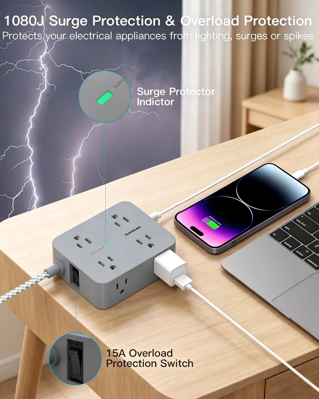 Alt view image 3 of 7 - 6Ft Surge Protector Power Strip USB C, 1080J, 8 Outlet Extender | Extension Cord with Multiple Outlets, 4 USB Ports(2 USB C), Flat Plug, Wall Mount, Home Dorm Room Essentials, ETL Listed