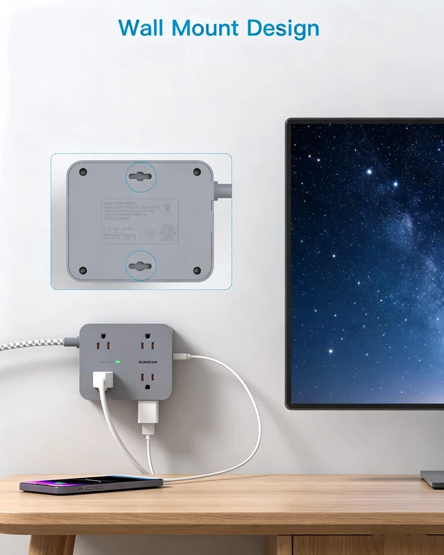 Alt view image 6 of 7 - 6Ft Surge Protector Power Strip USB C, 1080J, 8 Outlet Extender | Extension Cord with Multiple Outlets, 4 USB Ports(2 USB C), Flat Plug, Wall Mount, Home Dorm Room Essentials, ETL Listed
