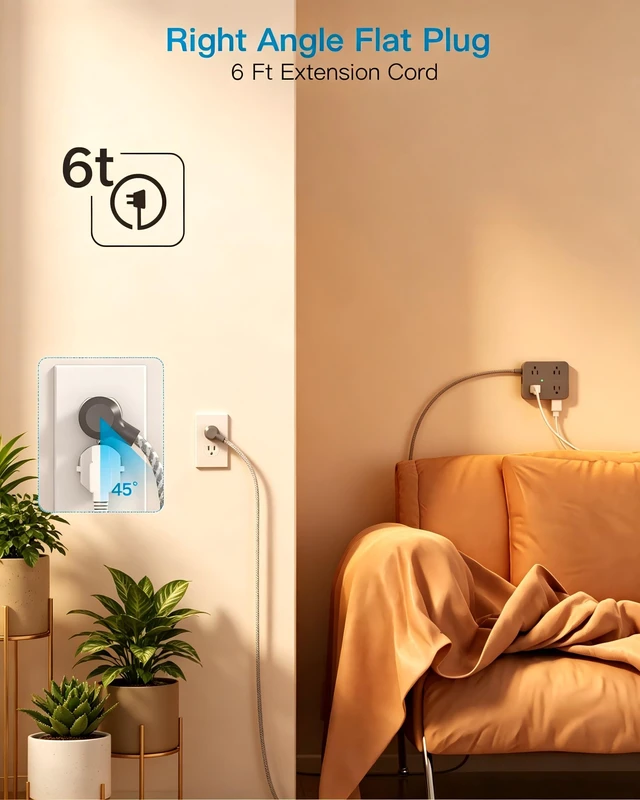 Alt view image 7 of 7 - 6Ft Surge Protector Power Strip USB C, 1080J, 8 Outlet Extender | Extension Cord with Multiple Outlets, 4 USB Ports(2 USB C), Flat Plug, Wall Mount, Home Dorm Room Essentials, ETL Listed