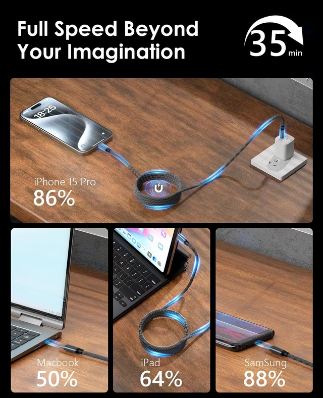 Alt view image 7 of 7 - Magnetic USB C Charger Cable, 240W Type C Charging Cable, 5A USB C to USB C Cable, 3.3ft Type C Fast Charging Cord Braided and Data Sync for iPhone 15 16 Pro/Pro Max/Plus, MacBook, Galaxy S24