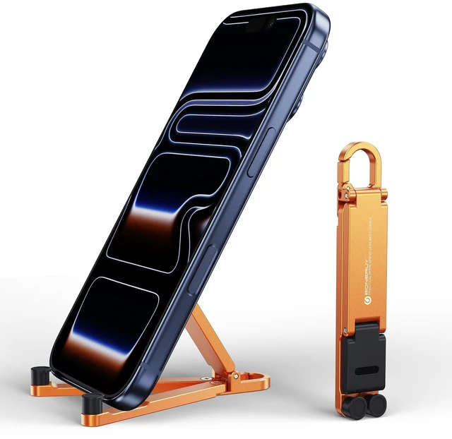 Main image of Portable Foldable Pocket Phone Stand with Keychain for Desk TravelOrange | Mini aluminum, adjustable kickstand, lightweight metal, slim compact for office, plane