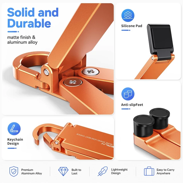Alt view image 4 of 7 - Portable Foldable Pocket Phone Stand with Keychain for Desk TravelOrange | Mini aluminum, adjustable kickstand, lightweight metal, slim compact for office, plane