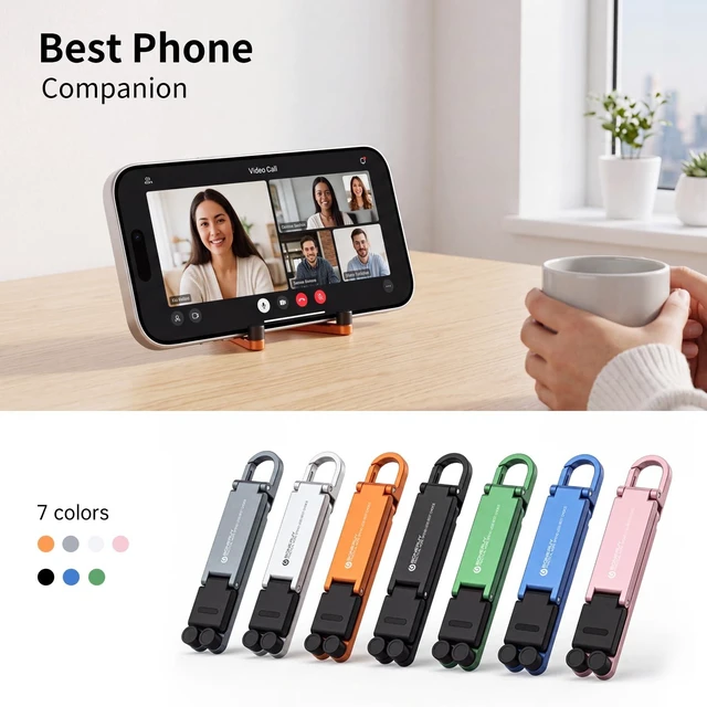 Alt view image 7 of 7 - Portable Foldable Pocket Phone Stand with Keychain for Desk TravelOrange | Mini aluminum, adjustable kickstand, lightweight metal, slim compact for office, plane