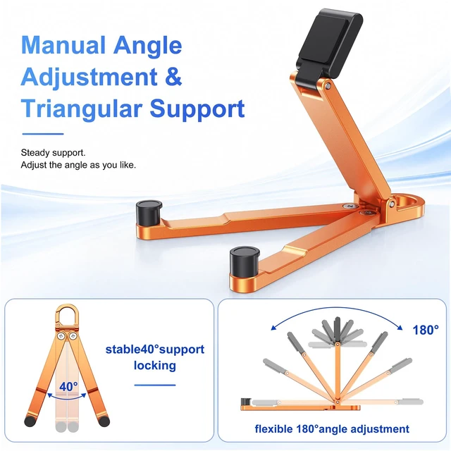 Alt view image 6 of 7 - Portable Foldable Pocket Phone Stand with Keychain for Desk TravelOrange | Mini aluminum, adjustable kickstand, lightweight metal, slim compact for office, plane