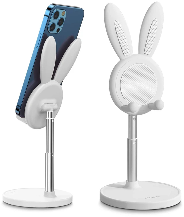 Main image of Cute Bunny Phone Stand Adjustable Phone Holder for Phones | Weighted Base Kawaii Desk Accessories, Aesthetic Room Decor Gift for Women/Girls/Kids, Compatible with All Phones