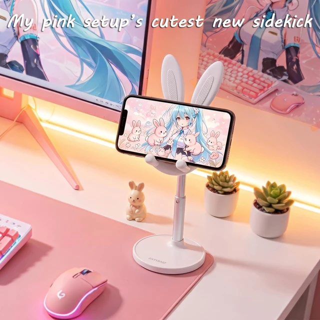 Alt view image 2 of 7 - Cute Bunny Phone Stand Adjustable Phone Holder for Phones | Weighted Base Kawaii Desk Accessories, Aesthetic Room Decor Gift for Women/Girls/Kids, Compatible with All Phones