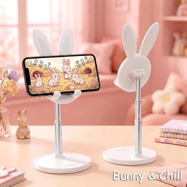 Alt view image 3 of 7 - Cute Bunny Phone Stand Adjustable Phone Holder for Phones | Weighted Base Kawaii Desk Accessories, Aesthetic Room Decor Gift for Women/Girls/Kids, Compatible with All Phones